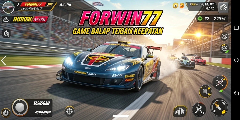 Tangkapan layar FORWIN77 menampilkan aksi balapan seru dan kendaraan cepat.