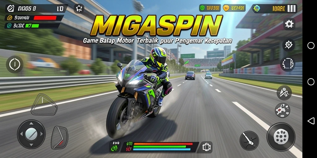Tampilan menarik dari gameplay <strong>MIGASPIN</strong> saat balapan motor di lintasan.